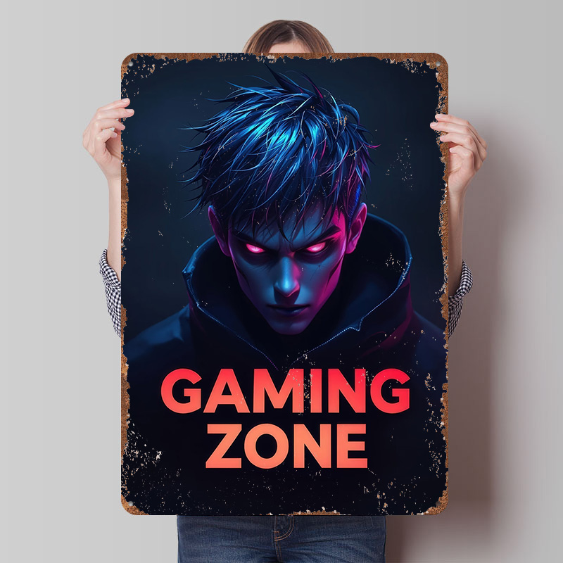 Retro Gaming Zone - Oyun Bölgesi Neon Oyuncu Portresi Teneke